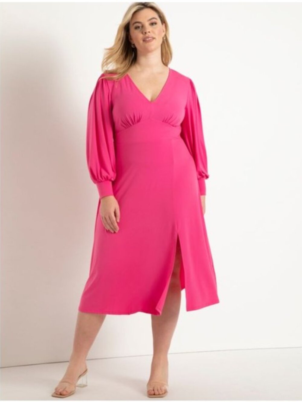 ELOQUII  V-Neck Long Sleeve Midi Slit Dress - Raspberry Rose - Size 16